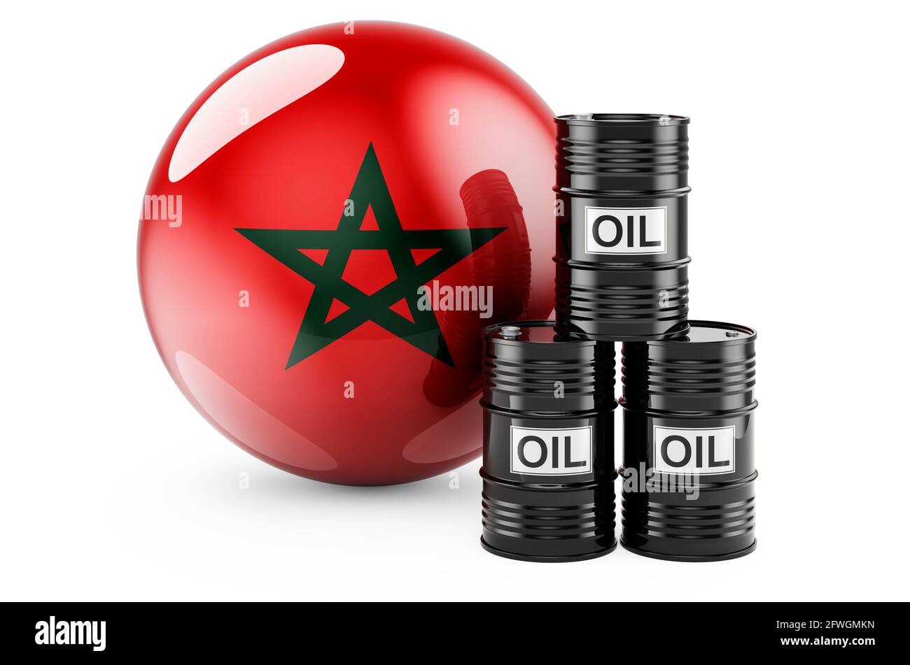 Barili di petrolio con bandiera marocchina. Produzione di petrolio o commercio in Marocco Concept, rendering 3D isolato su sfondo bianco Foto Stock