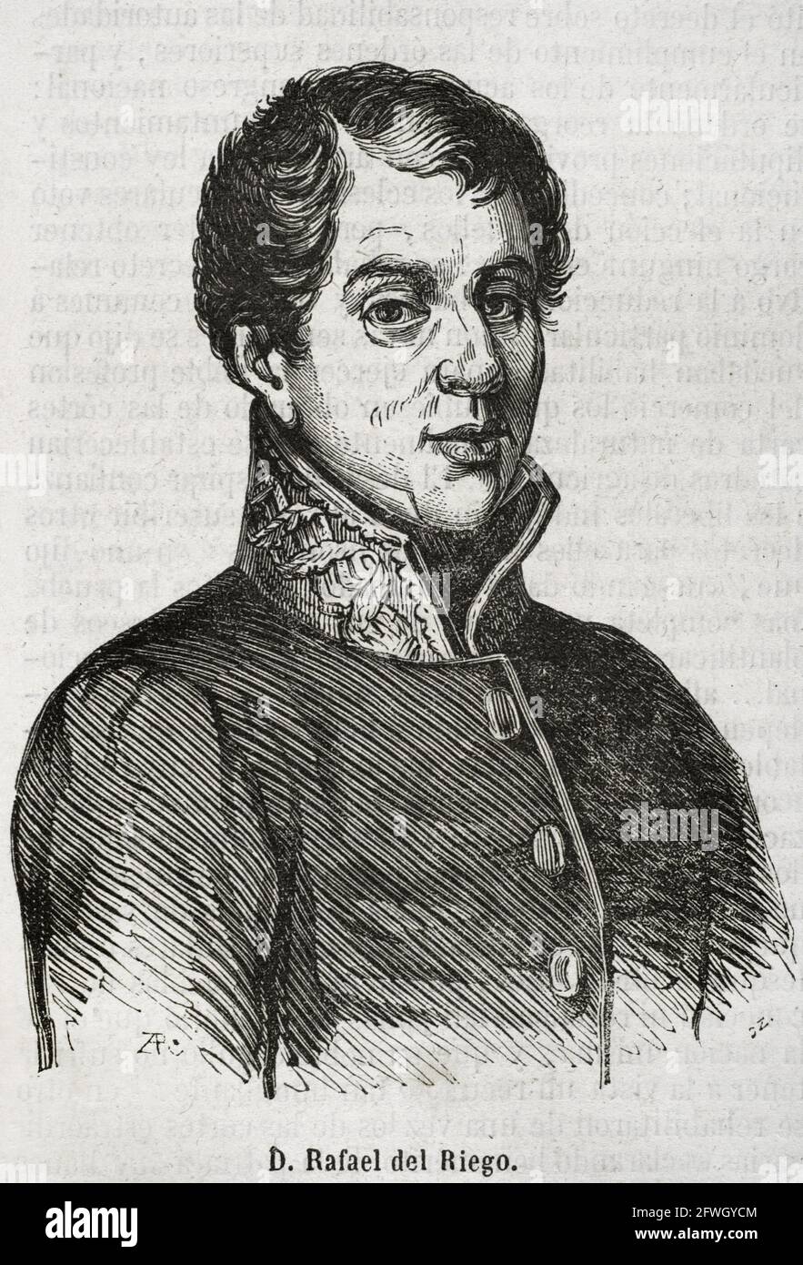 Rafael del Riego (1784-1823). Generale spagnolo e politico liberale, che ha svolto un ruolo chiave nello scoppio del triennio liberale. Verticale. Incisione. Historia Generale de España di Padre Mariana, 1853. Foto Stock