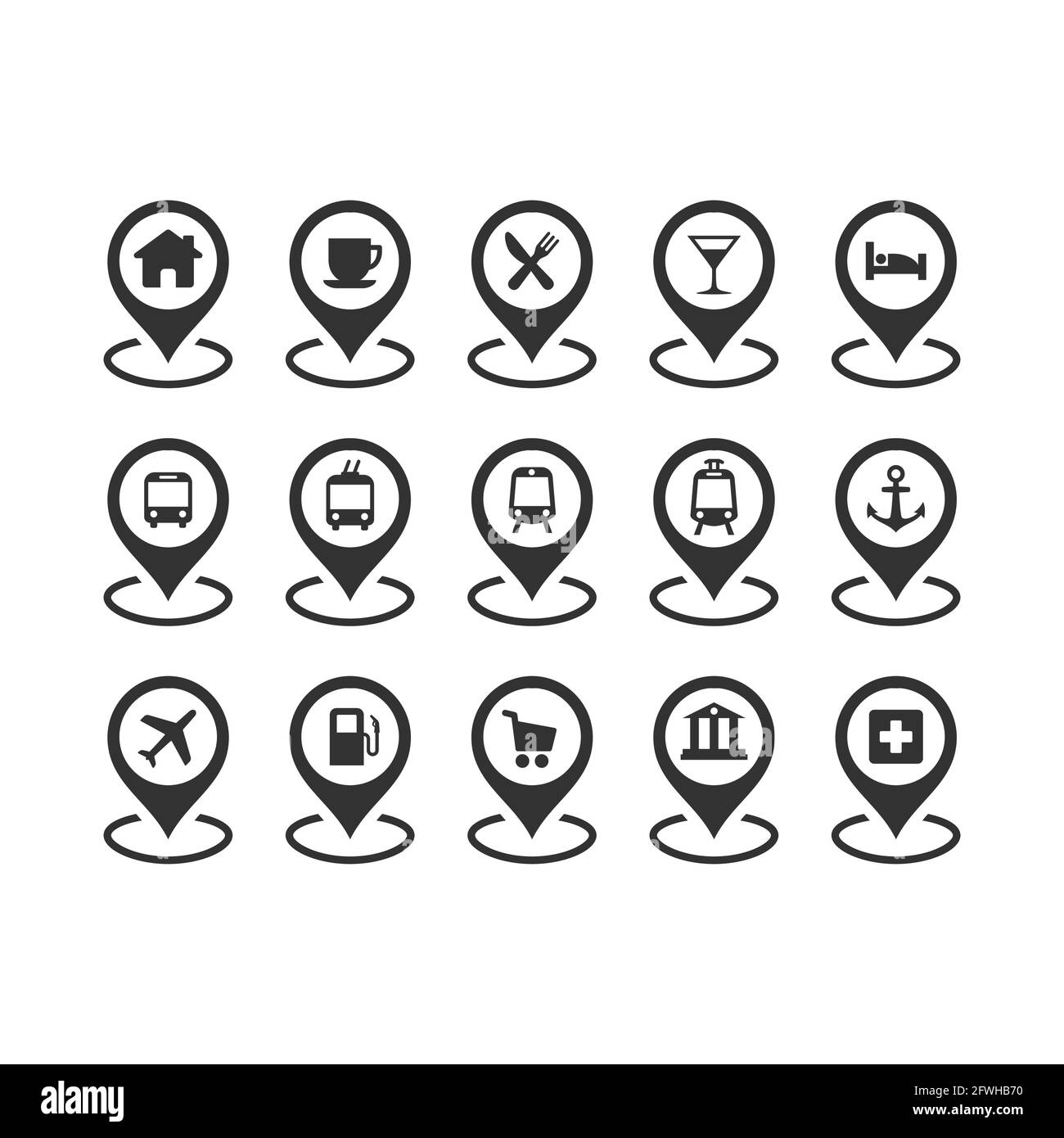 Set di icone vettoriali nere del marcatore di posizione. Simboli dell'ospedale, dell'autobus, della stazione ferroviaria, del ristorante. Illustrazione Vettoriale