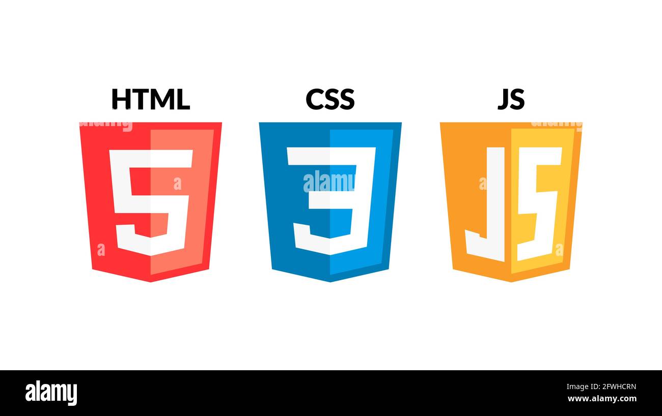Set di icone HTML5 CSS3 JS. Logo di sviluppo Web insieme di icone html, css e JavaScript, simbolo di programmazione Illustrazione Vettoriale