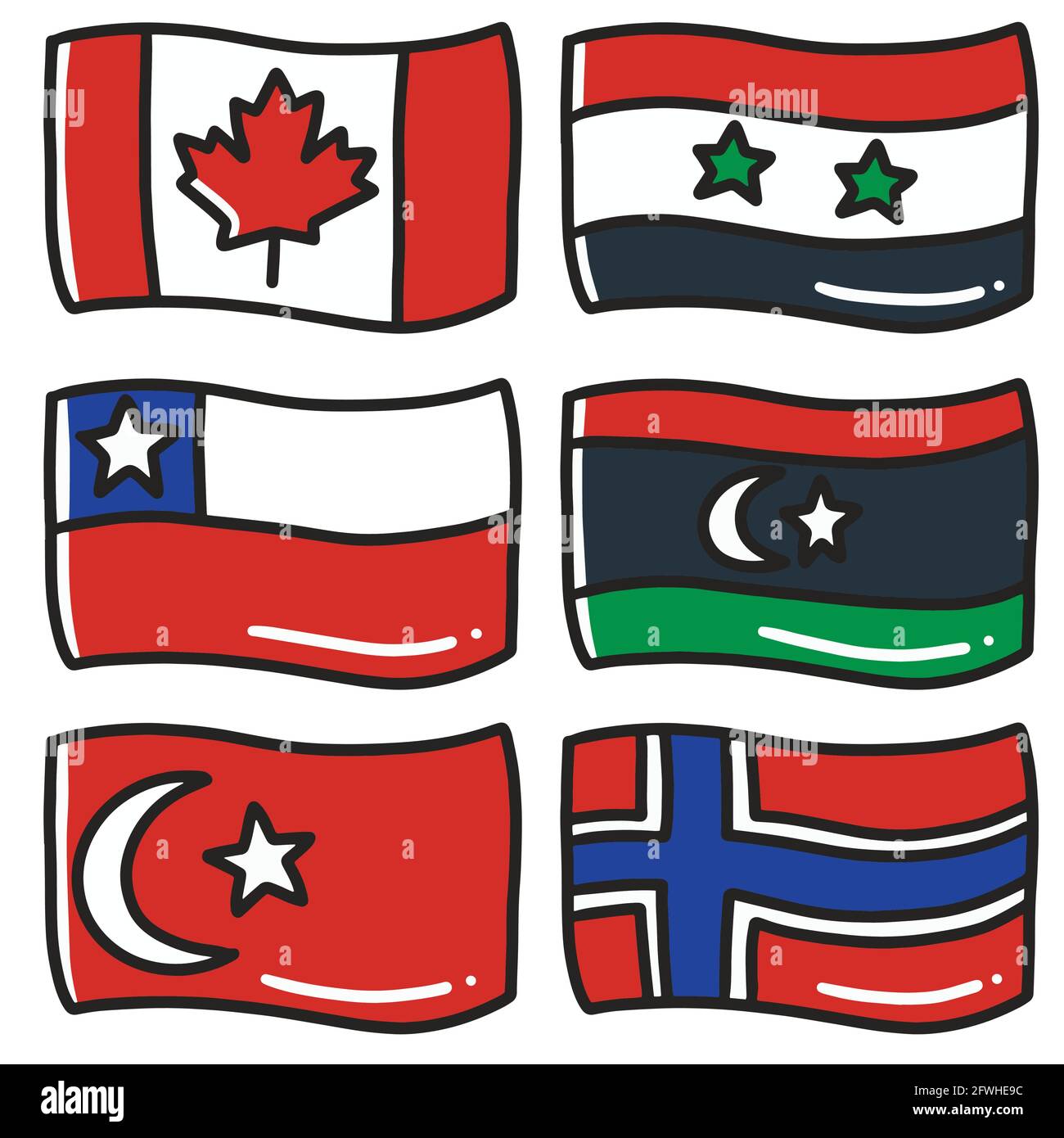 illustrazione delle bandiere di sei paesi del mondo doodle disegnate a mano elementi artistici e di design Illustrazione Vettoriale