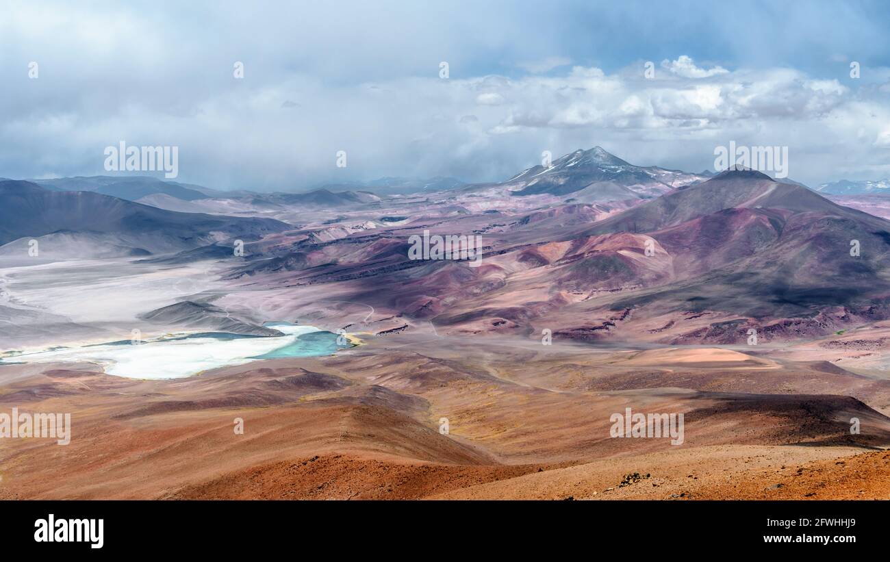 Vista della laguna salata di alta quota Santa Rosa e del paesaggio vulcanico nel Parco Nazionale Nevado Tres Cruces (Cile) Foto Stock