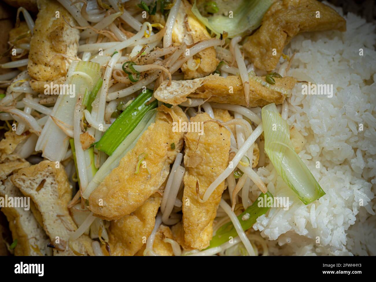 Cibo vietnamita - piatto Dau Xao Gia: Cipollotti, tofu, germogli di fagioli, riso Foto Stock