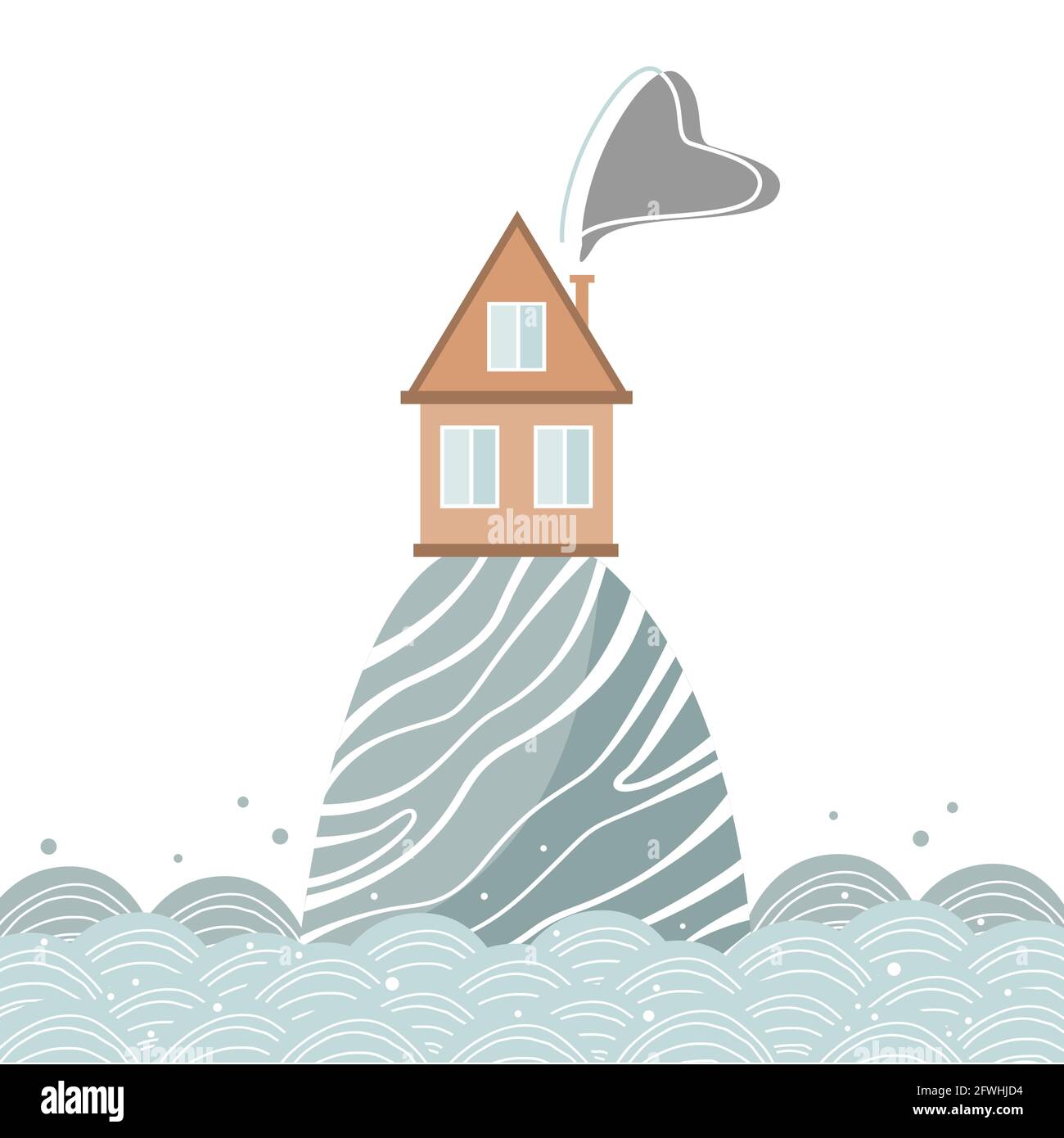 Elegante carta con casa cartoon sulla collina nel mare, in stile scandinavo. Illustrazione vettoriale isolata in bianco Illustrazione Vettoriale