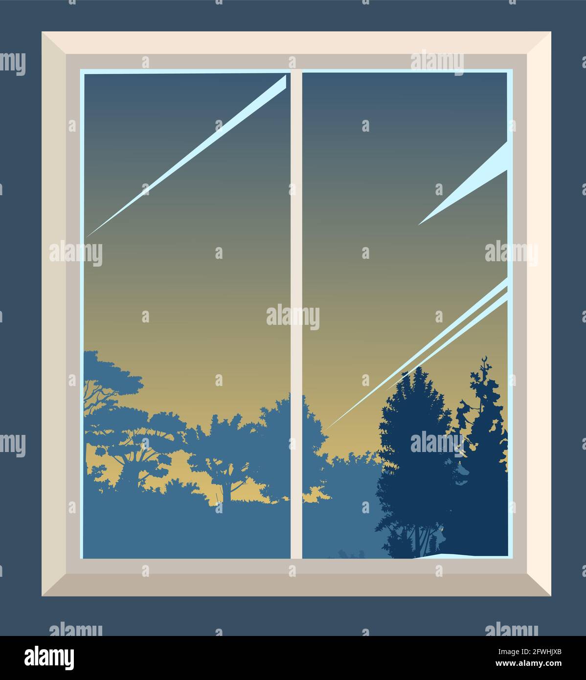 La finestra è normale. Con frammenti della parete. Vista dalla camera alle sagome della foresta pluviale serale. Stile piatto cartoon. Vettore. Arte Illustrazione Vettoriale