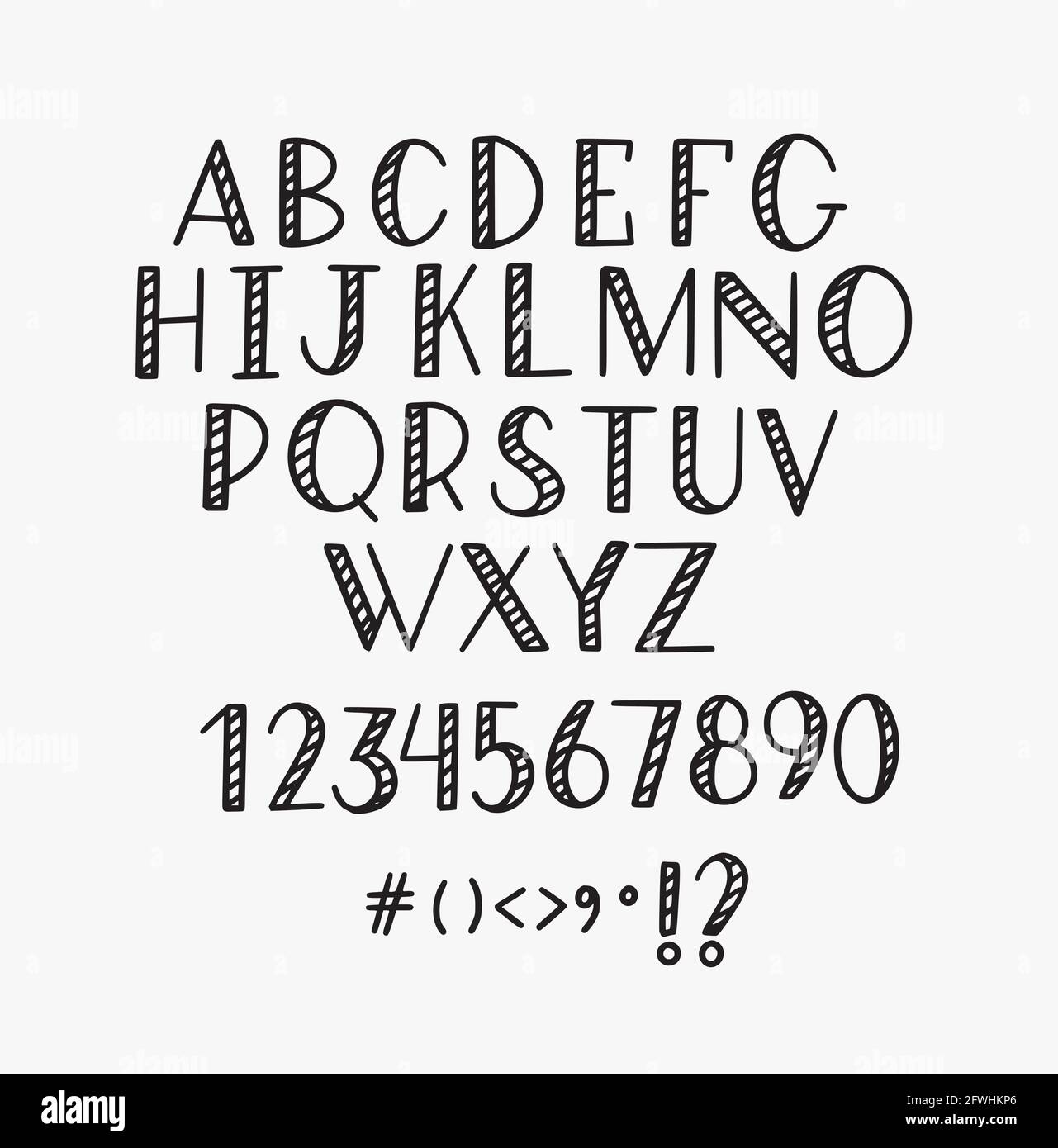 Vettoriale semplice e divertente alfabeto con lettere disegnate a mano. Solo lettere maiuscole e cifre. Doodle calligraphy typeset Illustrazione Vettoriale