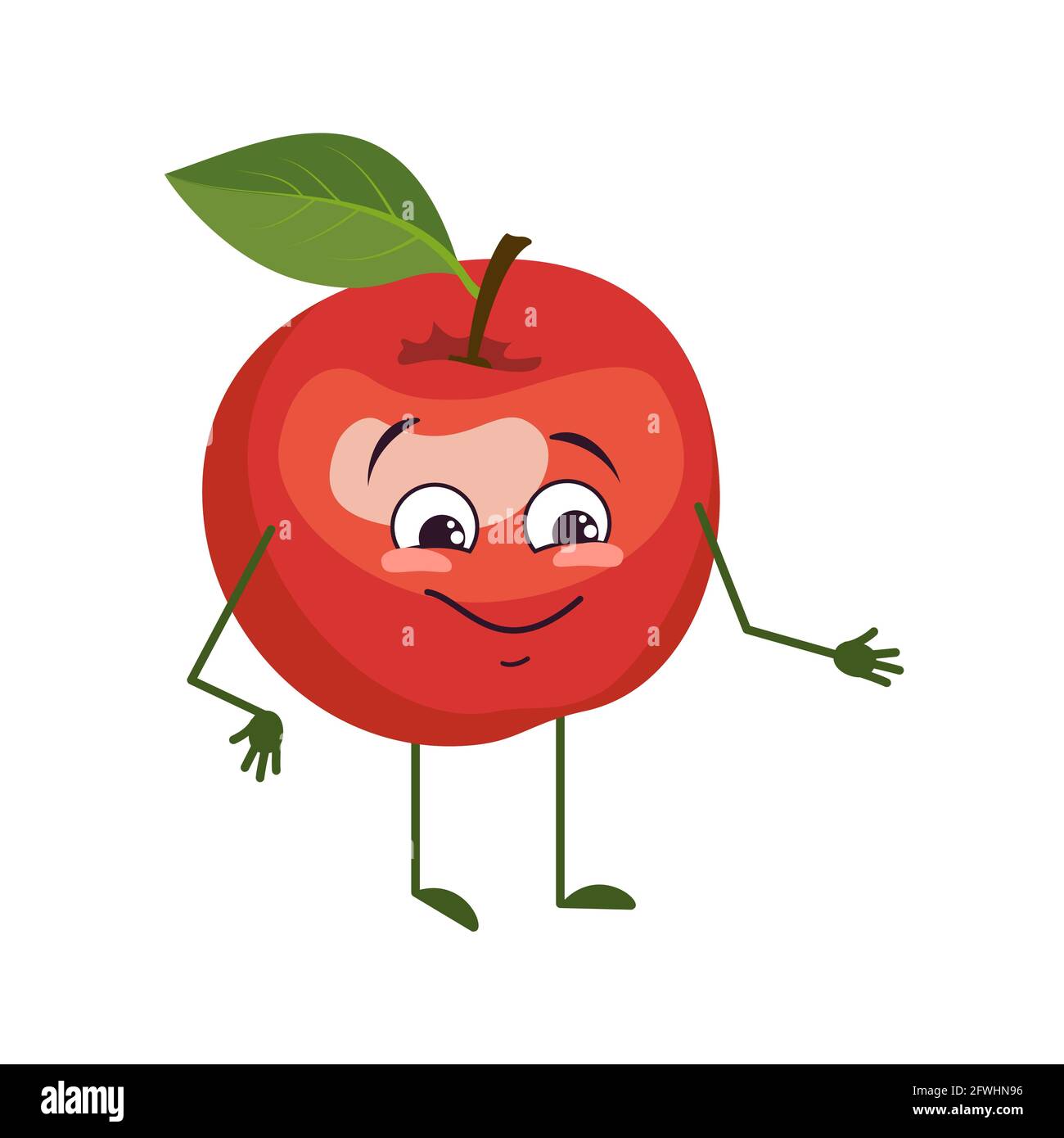 Simpatico personaggio di mela con emozioni di gioia, volto sorridente, occhi felici, braccia e gambe. Un eroe malizioso della frutta rossa Illustrazione Vettoriale