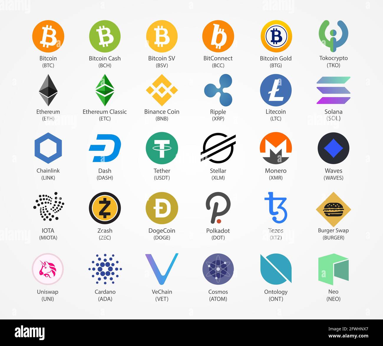 Icone di monete vettoriali a criptovaluta isolate su sfondo bianco. Illustrazione Vettoriale