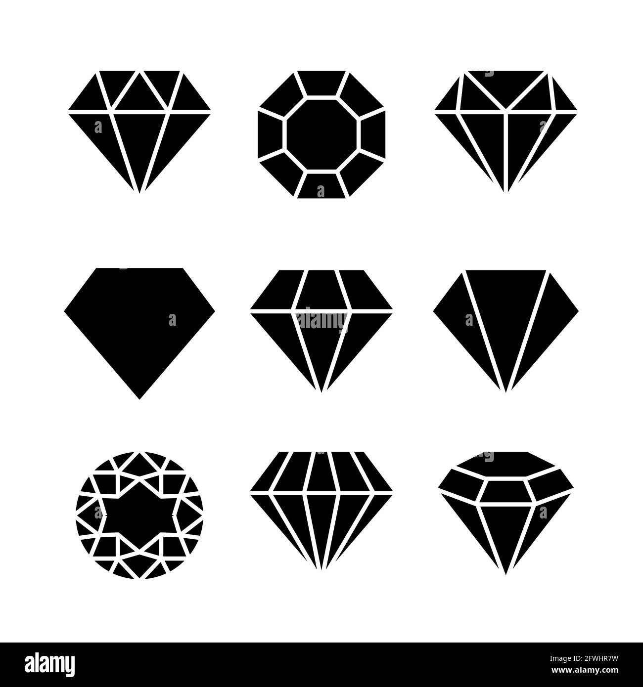 Icona della gemma di diamante. Vector Crystal Value contorno pietra brillante, lusso piatto icone set Illustrazione Vettoriale