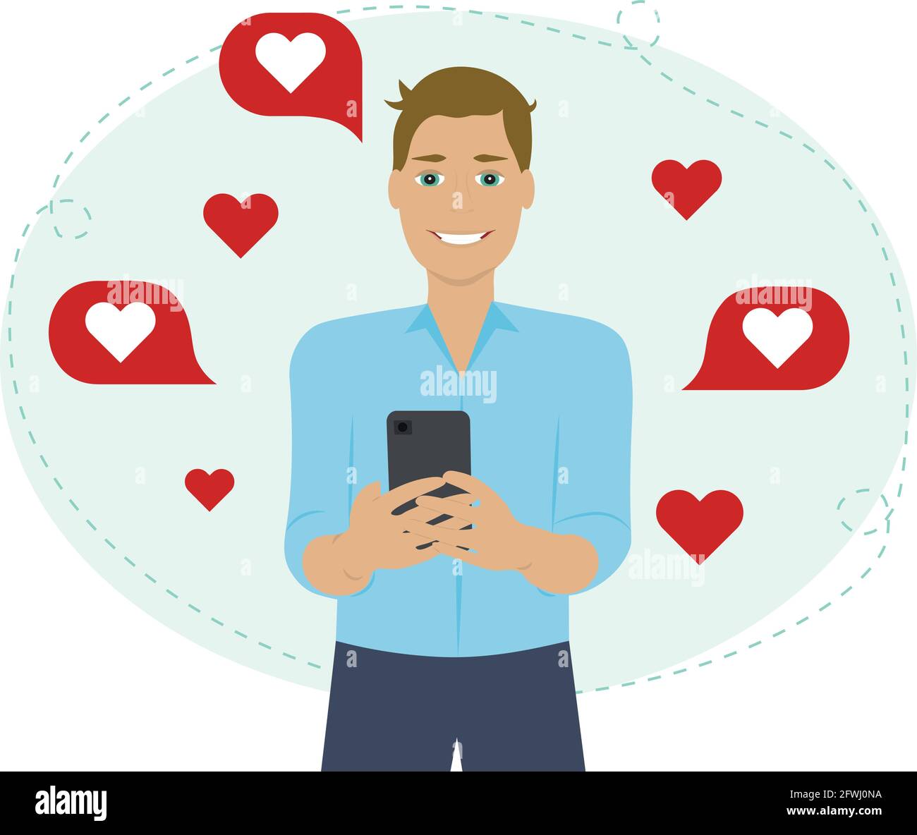 Uomo che usa online dating app Illustrazione Vettoriale