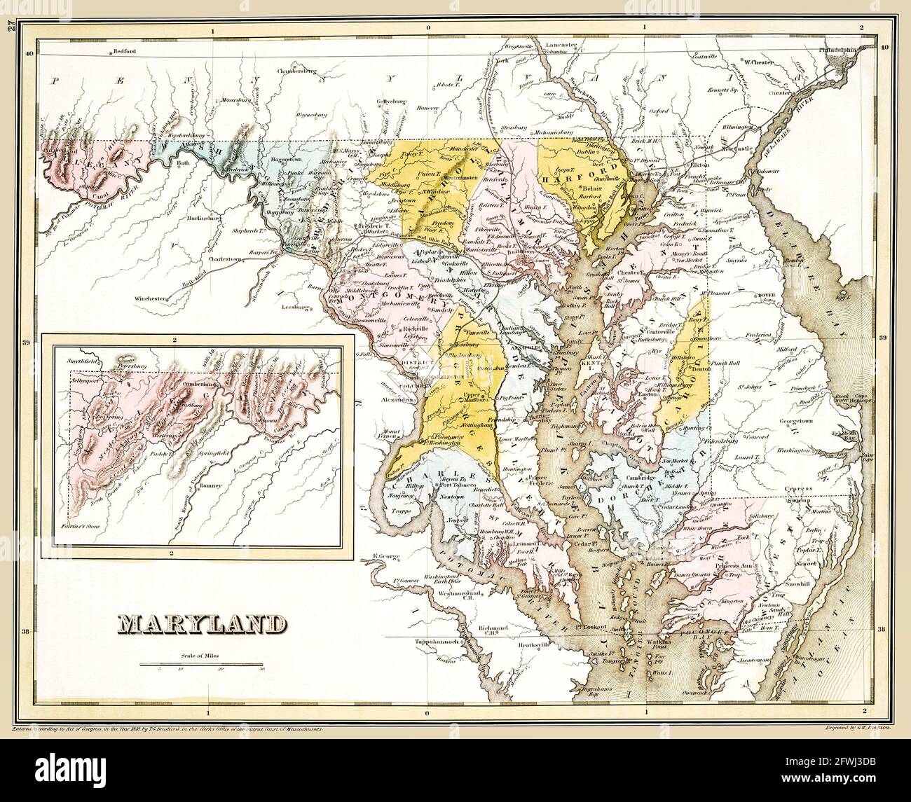Vecchia mappa del Maryland che mostra le contee. Pubblicato intorno al 1838. Si tratta di una riproduzione storica splendidamente dettagliata, migliorata e restaurata. Foto Stock