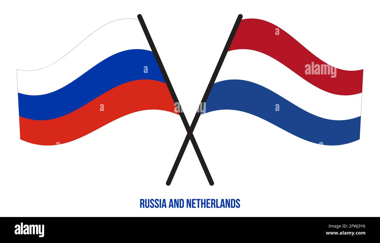Russia e Paesi Bassi Bandiere incrociate e ondulate in stile piatto. Proporzione ufficiale. Colori corretti. Illustrazione Vettoriale
