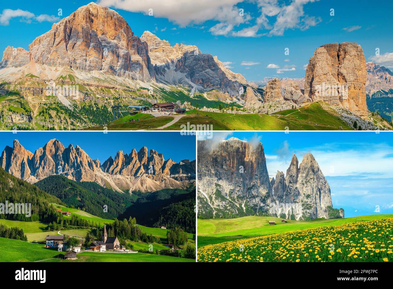 Spettacolare collage di viaggi Dolomiti e destinazioni escursionistiche. Formazione rocciosa delle cinque Torri, località Santa Maddalena e Alpe di Siusi, Italia, Europa Foto Stock