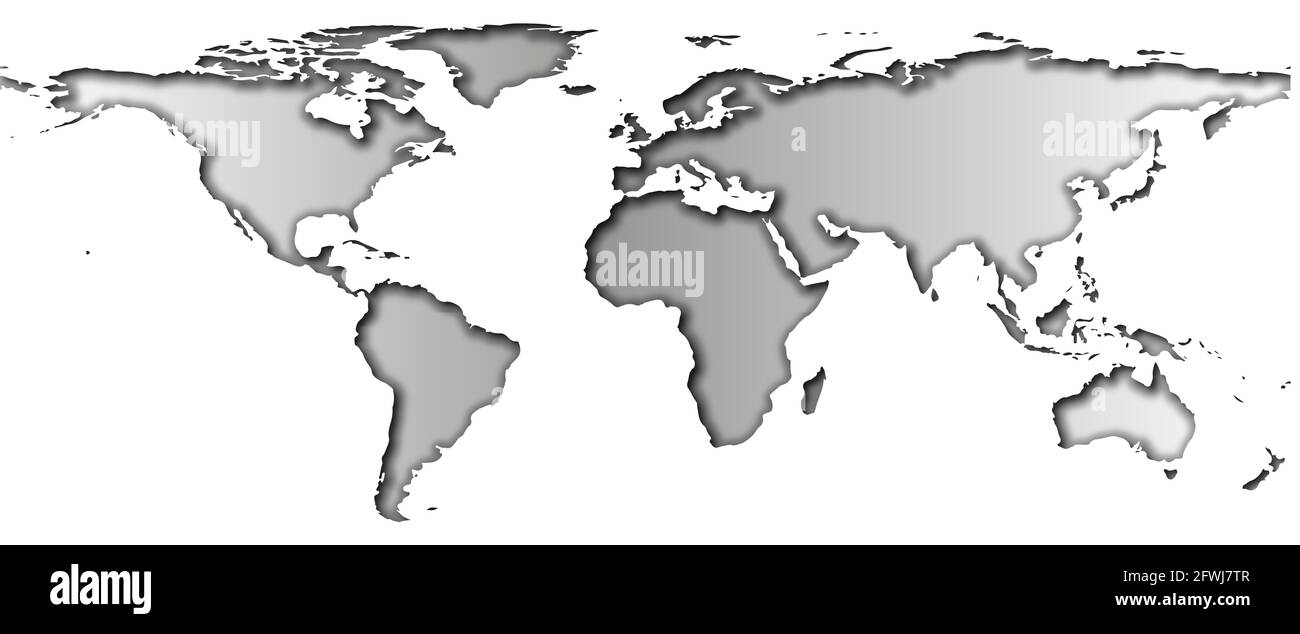 Mappa del mondo Papercut con ombre e gradiente nei continenti e isolato su sfondo bianco, monocromatico, elementi di questa immagine forniti dalla NASA. Foto Stock