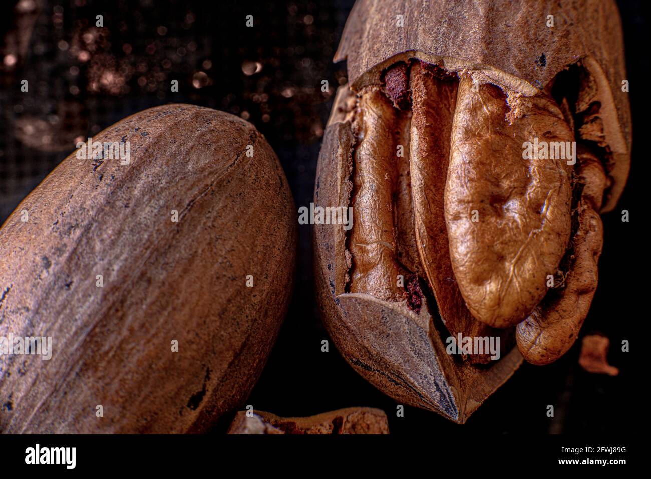 Noci pecan secche e conchiglie di noci pecan su un tavolo di legno, primo piano, macrofotografia. Foto di alta qualità Foto Stock