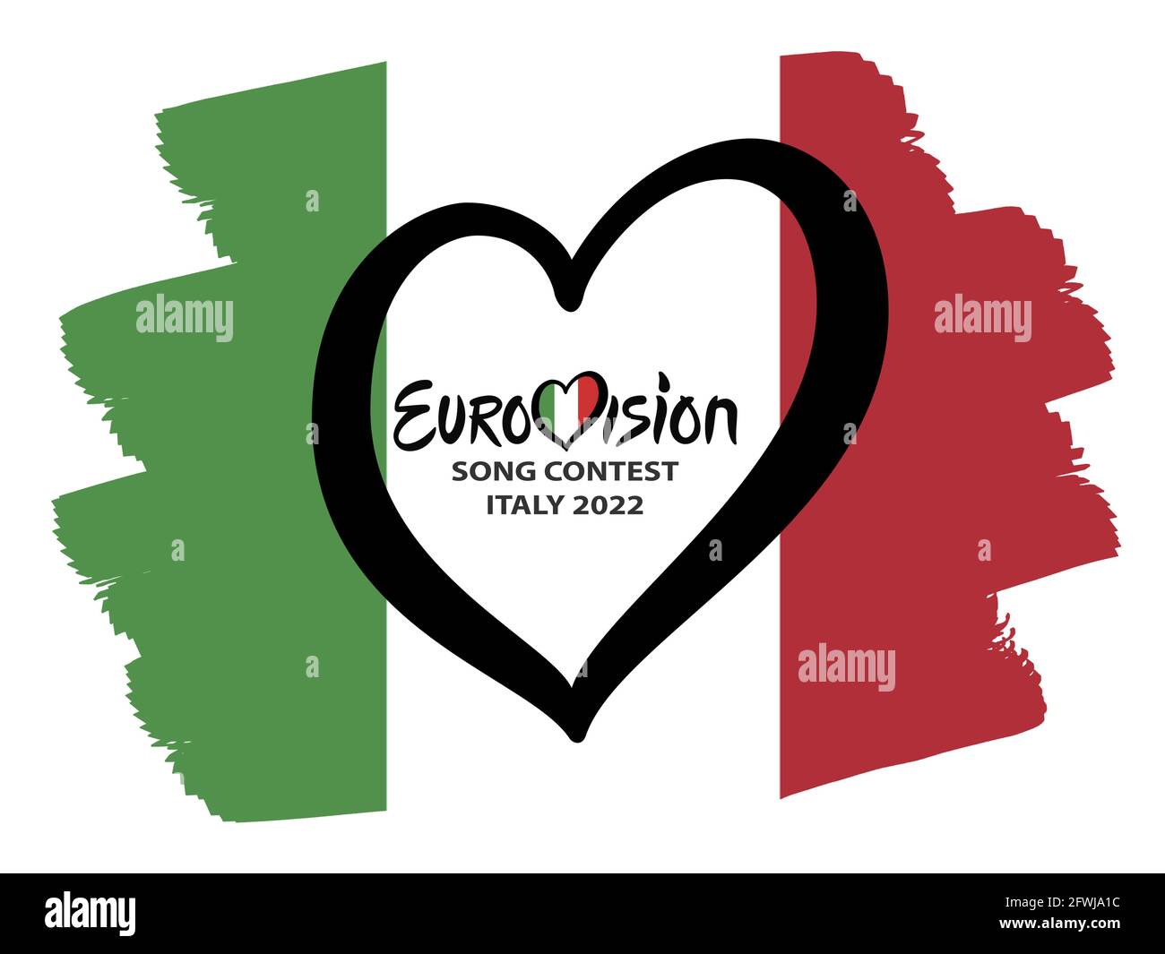 Italia 2022 Eurovisione. Text Song Contest Italia 2022 Eurovisione cuore in Italia Bandiera su sfondo bianco Foto Stock