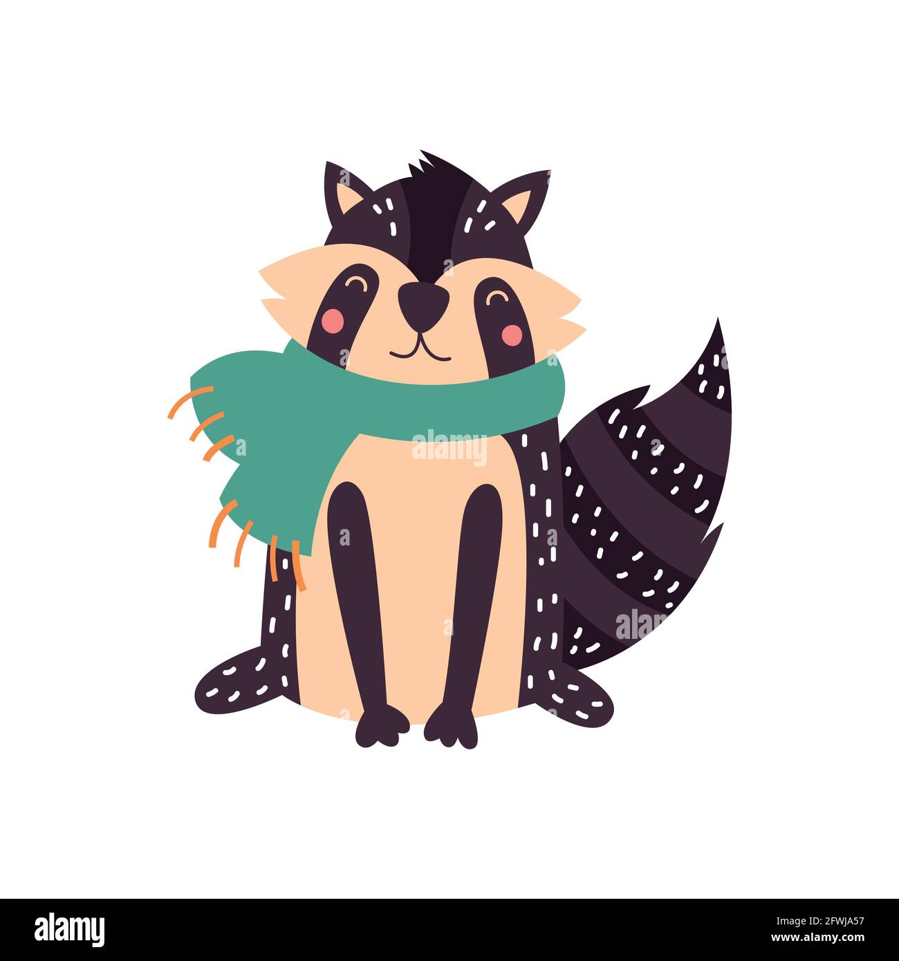 Animaletto cartoon, simpatico raccoon su sfondo bianco. Design piatto. Illustrazione vettoriale. Illustrazione Vettoriale