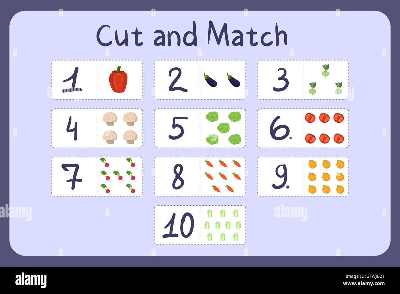 Schede flash con numeri per bambini, set 3. Taglia e abbina le immagini con numeri e frutti. Illustrazione per disegno educativo di gioco di matematica. Foglio di lavoro stampabile. Modello vettore cartoon. Illustrazione Vettoriale