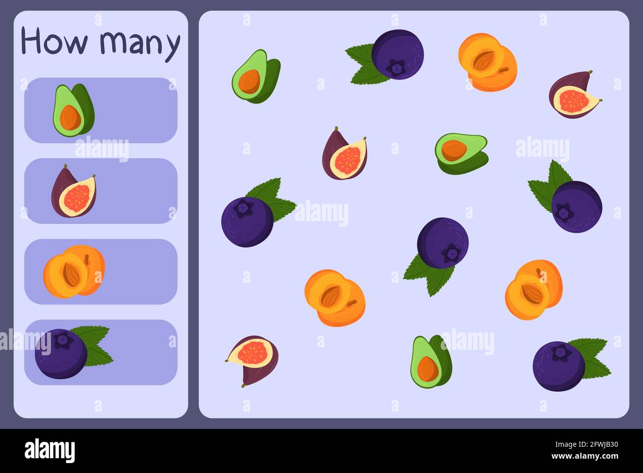 Mini gioco matematico bambini - contare quanti frutti - avocado, fico, albicocca, mirtillo. Giochi educativi per bambini. Modello di disegno di cartoni animati su sfondo colorato. Grafico vettoriale. Illustrazione Vettoriale