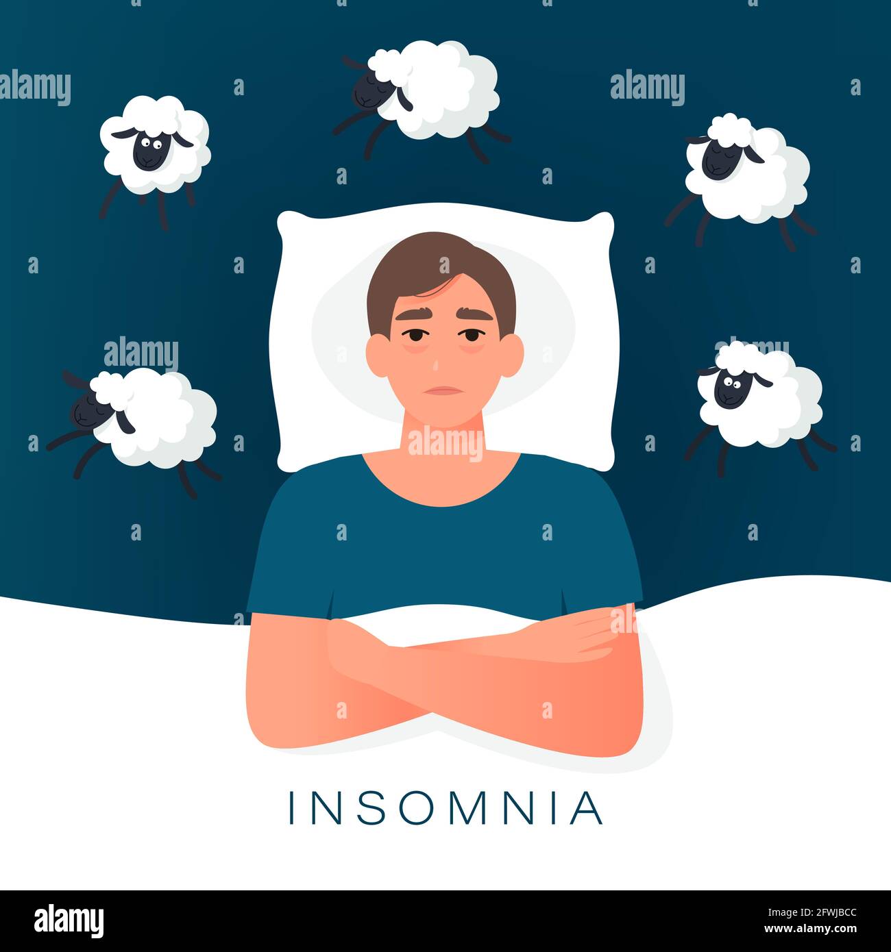 Uomo che cerca di addormentarsi contando pecore. Insonnia causa di problemi mentali, idee insonnia. Illustrazione vettoriale in stile piatto Illustrazione Vettoriale