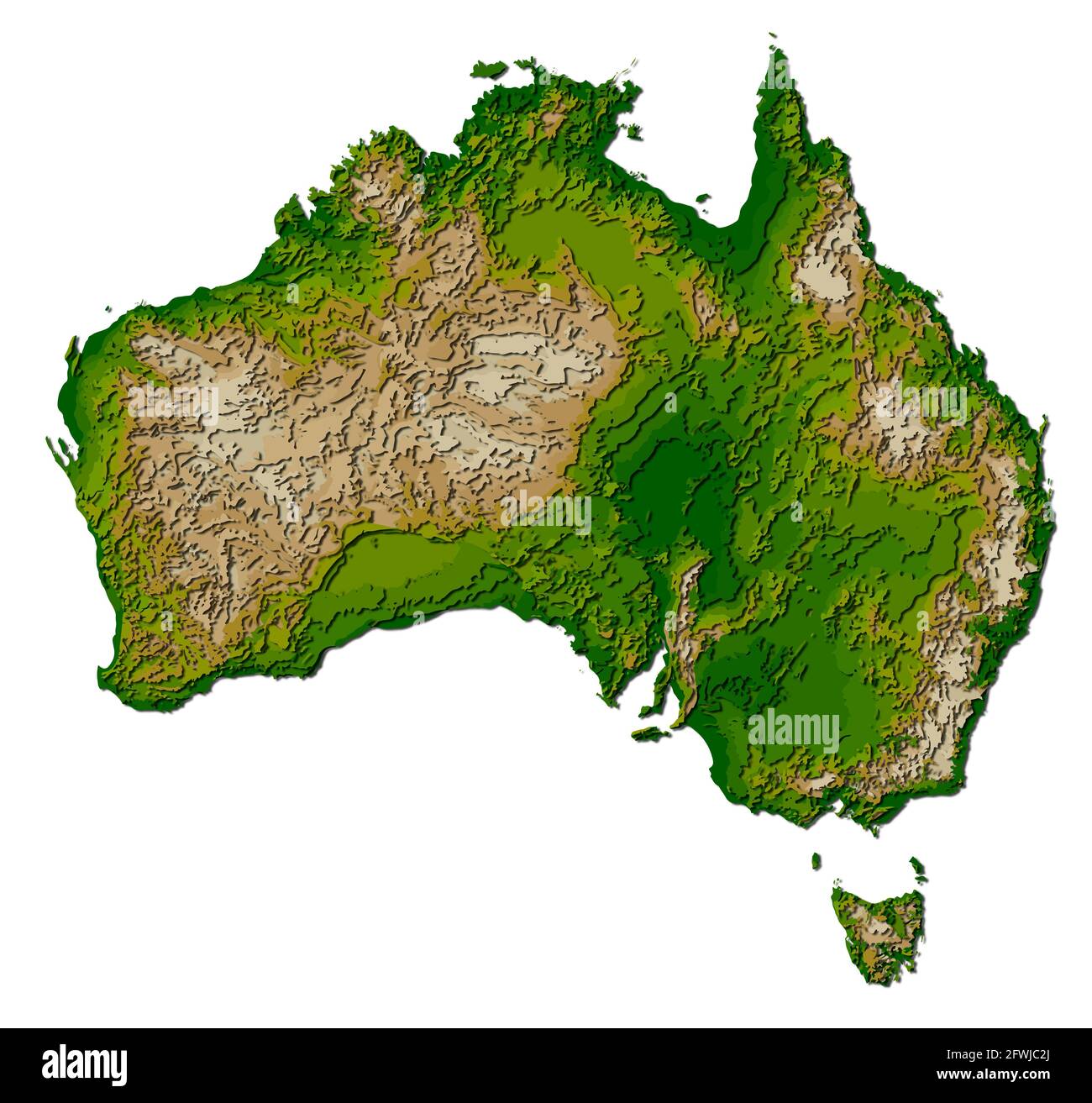 Continente australiano, mappa dettagliata a strati papercut con ombre, isolata su sfondo bianco. Elementi di questa immagine forniti dalla NASA. Foto Stock