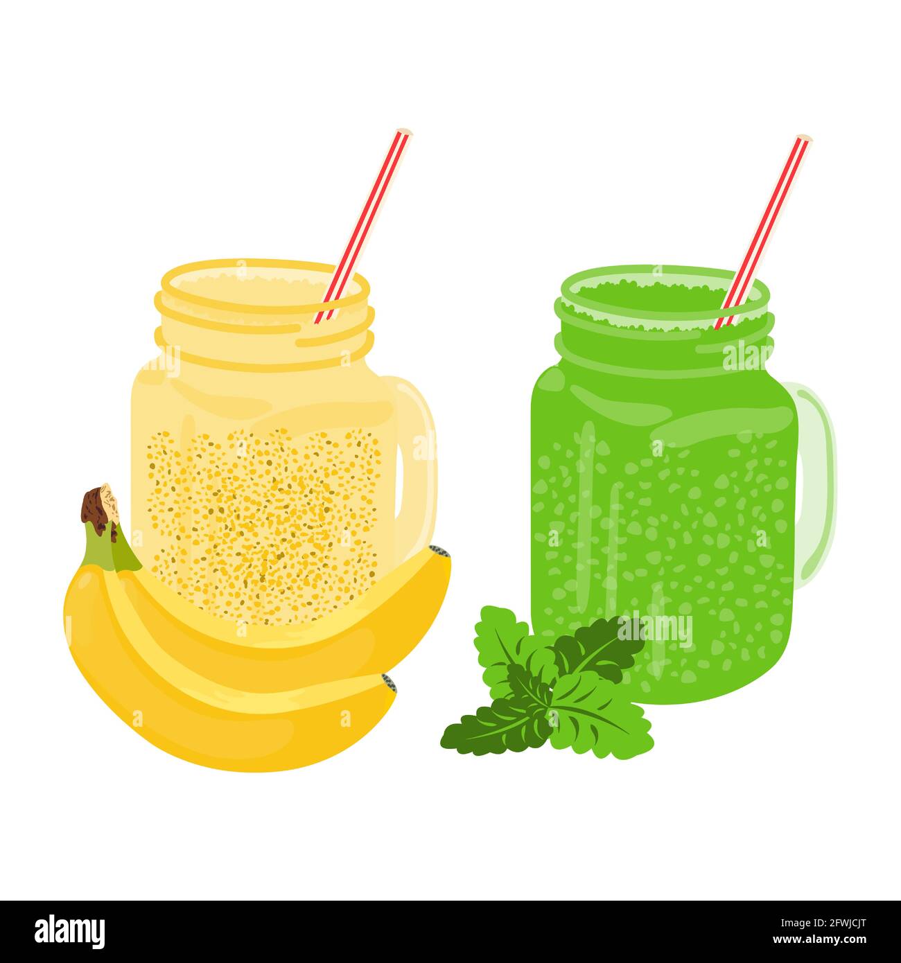 Banana e verde con frullati alla menta in un vaso di vetro con una paglia isolata su sfondo bianco. Cocktail di frullato di frutta. Concetto di stile di vita sano. Illustrazione Vettoriale