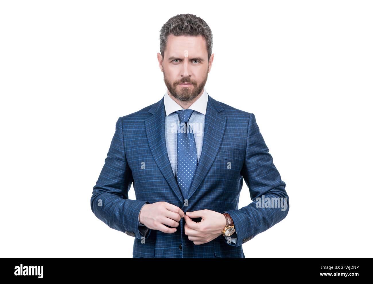 Uomo d'affari di media età indossa un elegante abito blu in stile business formale isolato su bianco, eleganza Foto Stock