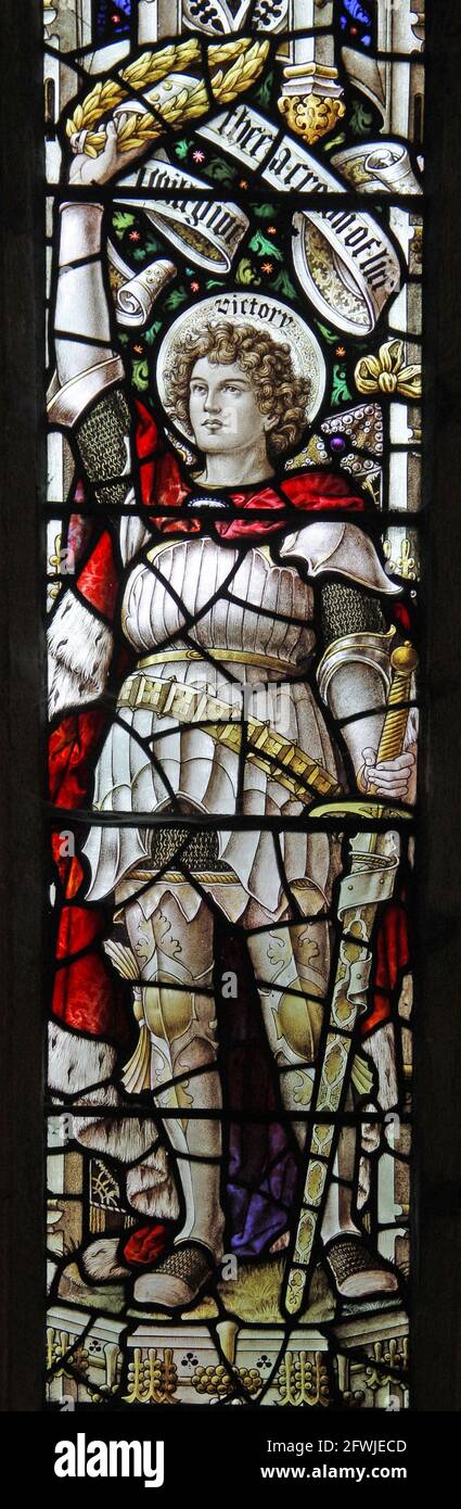 Vetrata di Percy Bacon raffigurante la Vittoria, la chiesa di Santa Maria, Pilsdon, Dorset Foto Stock