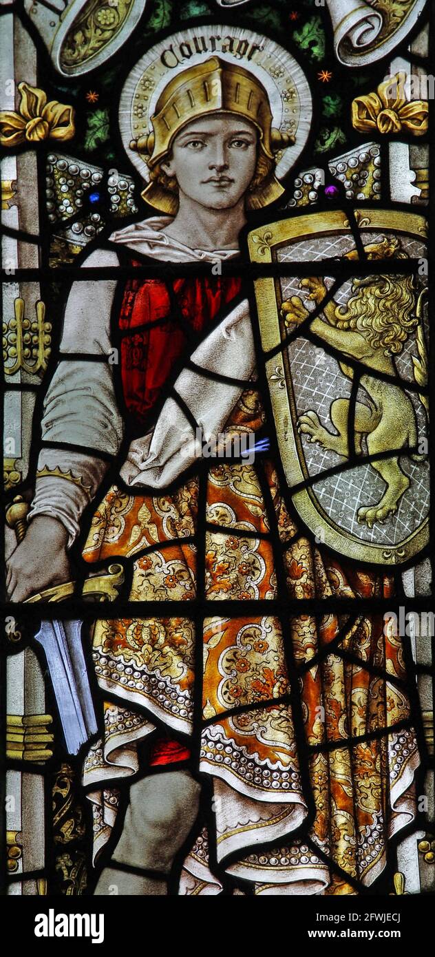 Vetrate colorate di Percy Bacon che raffigurano il coraggio, la chiesa di Santa Maria, Pilsdon, Dorset Foto Stock