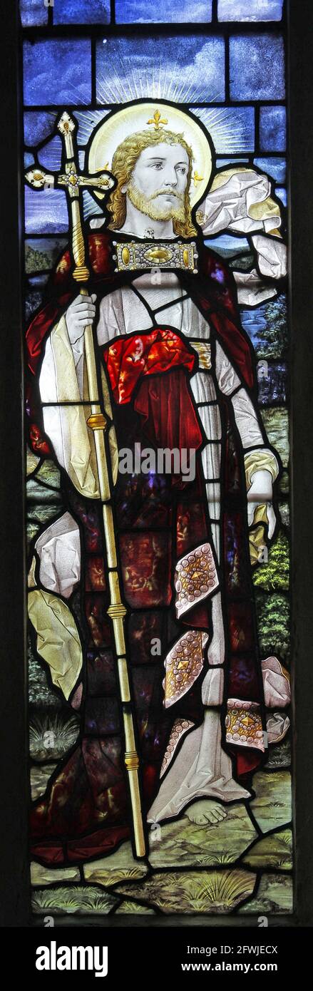 Vetrata di Percy Bacon & Brothers raffigurante Gesù risorto, Chiesa di Sant'Andrea, Leigh, Dorset Foto Stock