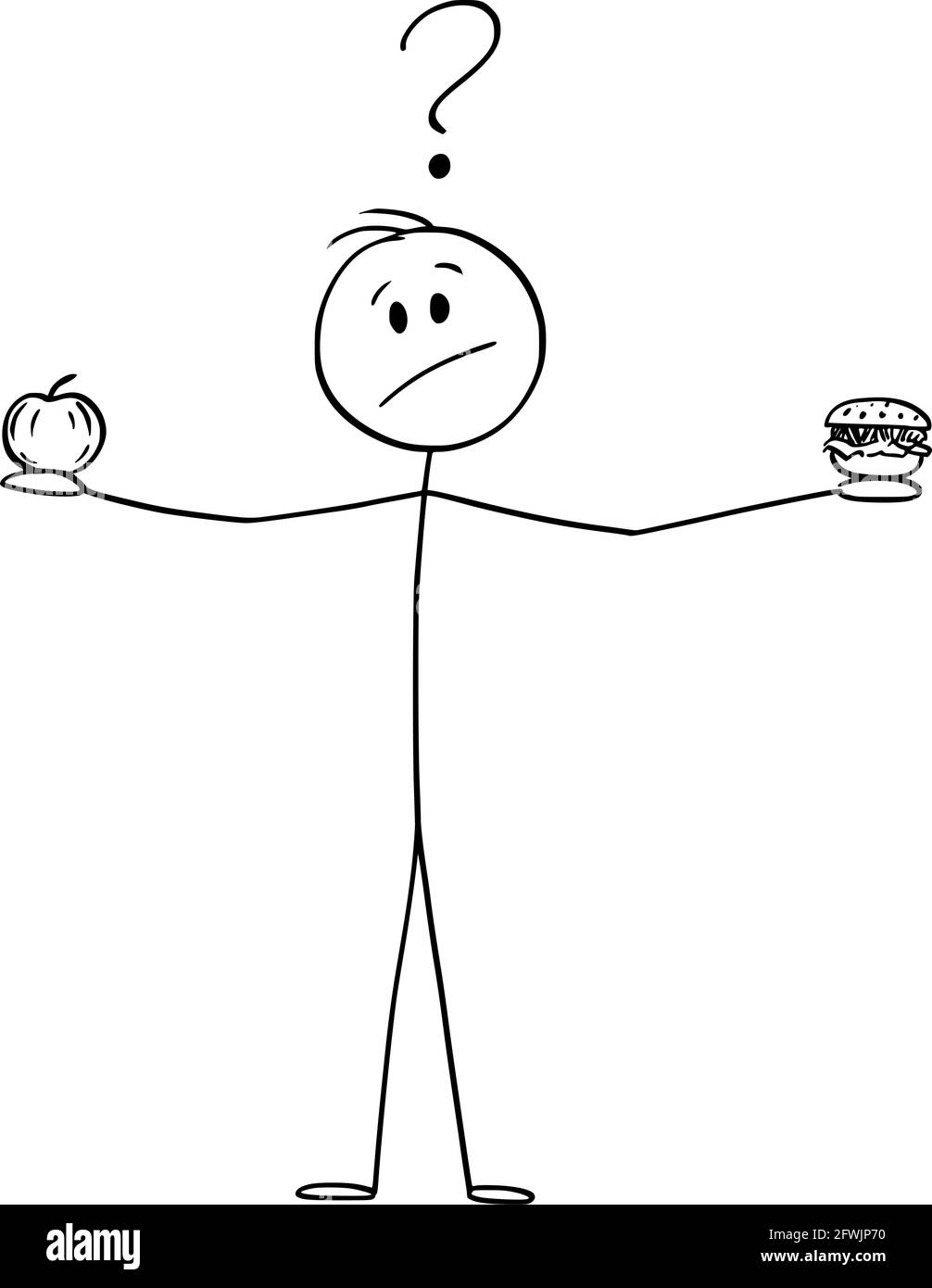 La persona sta tenendo frutta di mela e hamburger o, pensando a mangiare sano e stile di vita, illustrazione del bastone del vettore del cartoon Illustrazione Vettoriale