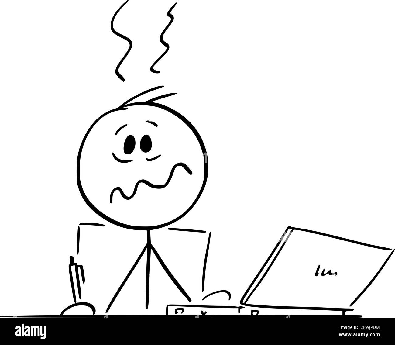 Figura Vector Cartoon Stick - persona sovraccarica o uomo seduto dietro la scrivania che lavora in ufficio sul computer Illustrazione Vettoriale