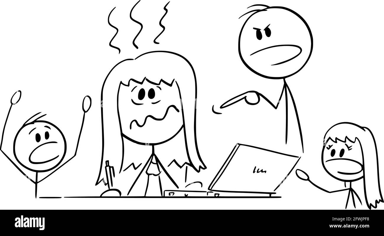 La madre che lavora in ufficio domestico, i bambini ed il marito gridano, illustrazione della figura del bastone del vettore del cartoon Illustrazione Vettoriale