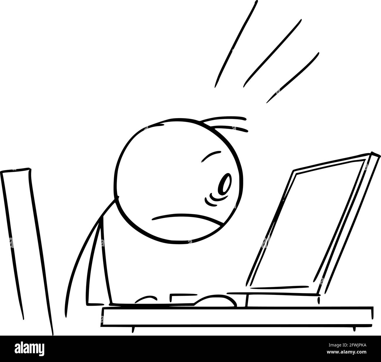 Persona scioccata che lavora in ufficio e guarda computer Display, Vector Cartoon Stick Figura Illustrazione Illustrazione Vettoriale