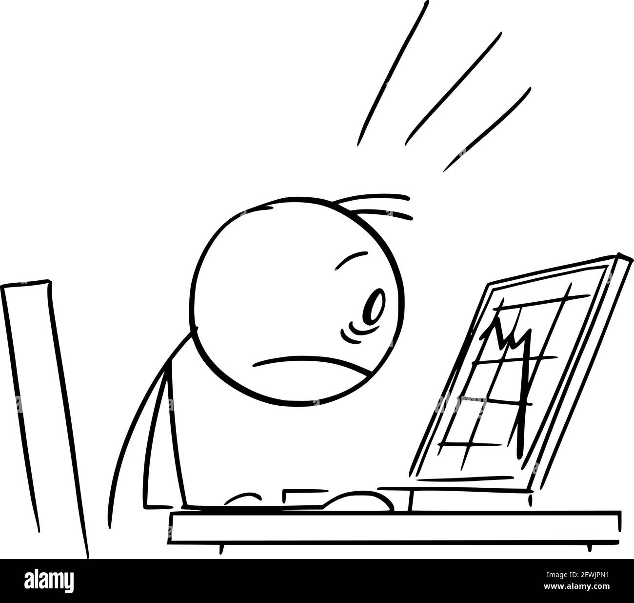 Uomo d'affari scioccato guardando grafico cadente su computer Display, Vector Cartoon Stick Figura Illustrazione Illustrazione Vettoriale
