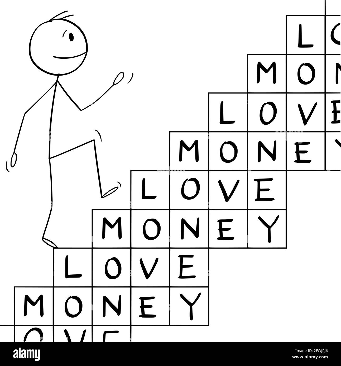 Persona che ama i soldi che arrampicano per ricchezza e successo, vettore Cartoon Figura del bastone Illustrazione Illustrazione Vettoriale