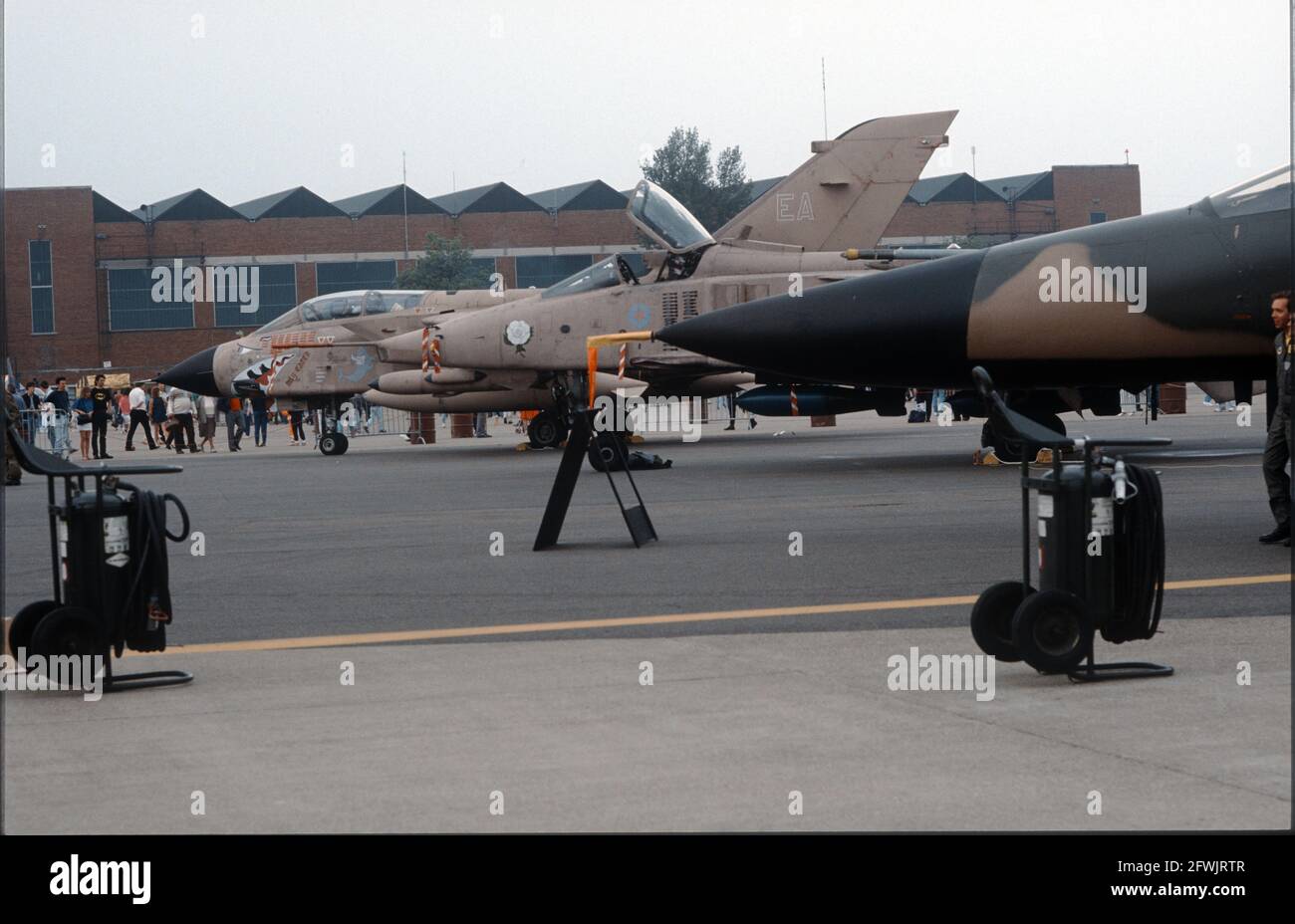 I nasi di un Tornado, di una Jaguar e di un aereo F-111 in esposizione statica al Mildenhall Air Fete 1991. Foto Stock