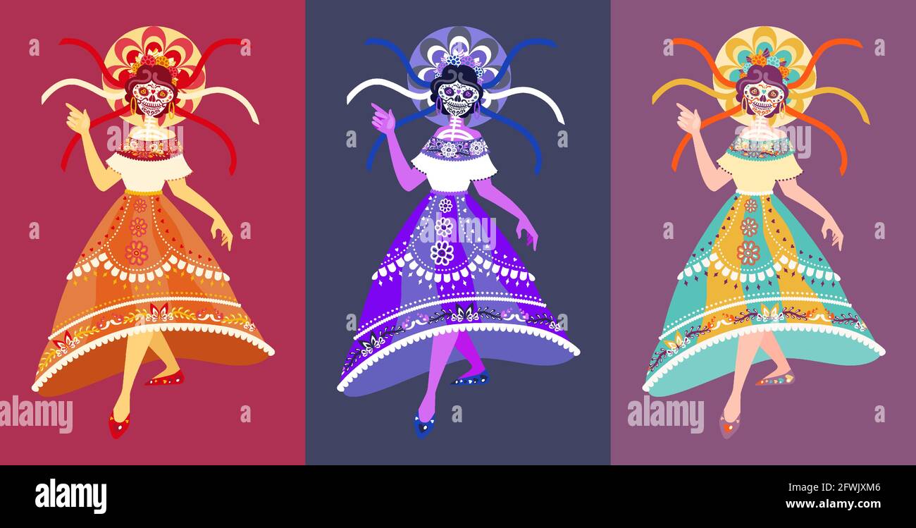 Dancing Calavera Catrina personaggio - vettore ritratto a corpo pieno. Scheletro danzante in calde tonalità viola scuro e giallo chiaro. Dia de Los Muertos Illustrazione Vettoriale