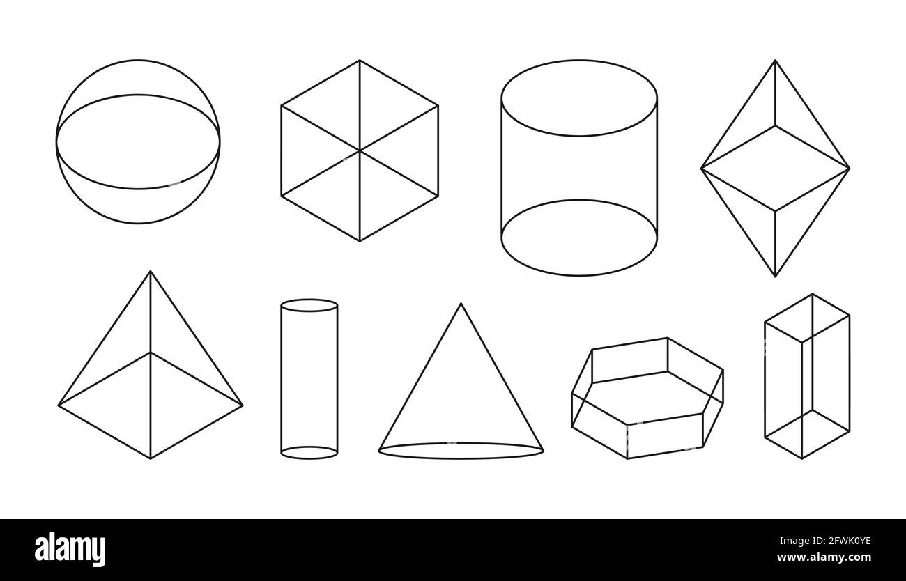 Forme geometriche volumetriche di base. Figura 3d semplice lineare nera con linee di forma invisibili. Viste isometriche sfera e cubo, cilindro e cono e altre forme. Isolato su illustrazione vettoriale bianca Illustrazione Vettoriale
