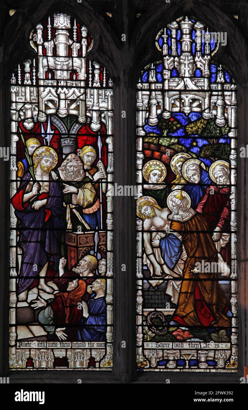 Vetrata di Clayton & Bell raffigurante l'arresto e l'entombment di Jesus Lady St Mary Church, Wareham, Dorset Foto Stock