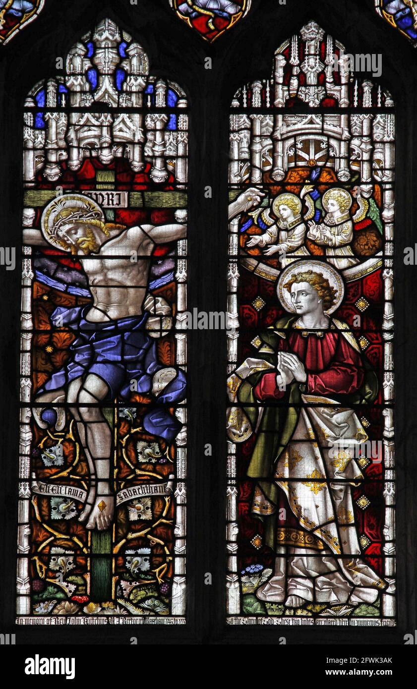 Vetrate di clayton & Bell raffiguranti la Crocifissione di Cristo, Lady St Mary Church, Wareham, Dorset Foto Stock