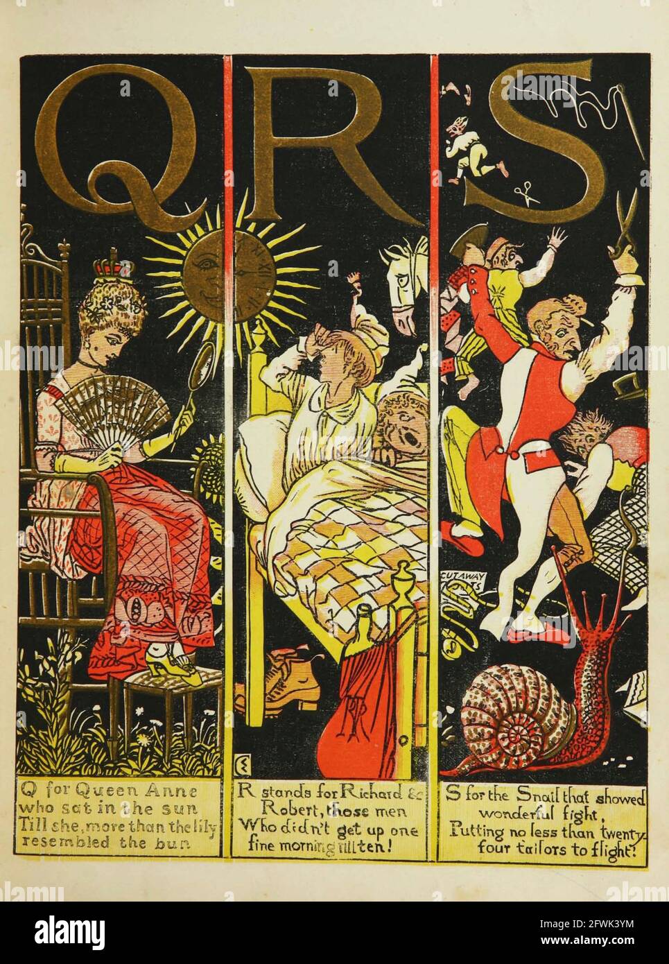 L'assurda ABC lettere Q R S dal libro il marchese di Carabas 'libro di immagini : contenente Puss in stivali, vecchia madre Hubbard, Valentine e Orson, l'assurdo ABC. Illustrato da Walter Crane, Edmund Evans e Sarah Catherine Martin. Editore London (The Broadway, Ludgate) ; New York (416 Broome Street) : George Routledge e figli nel 1874 Foto Stock