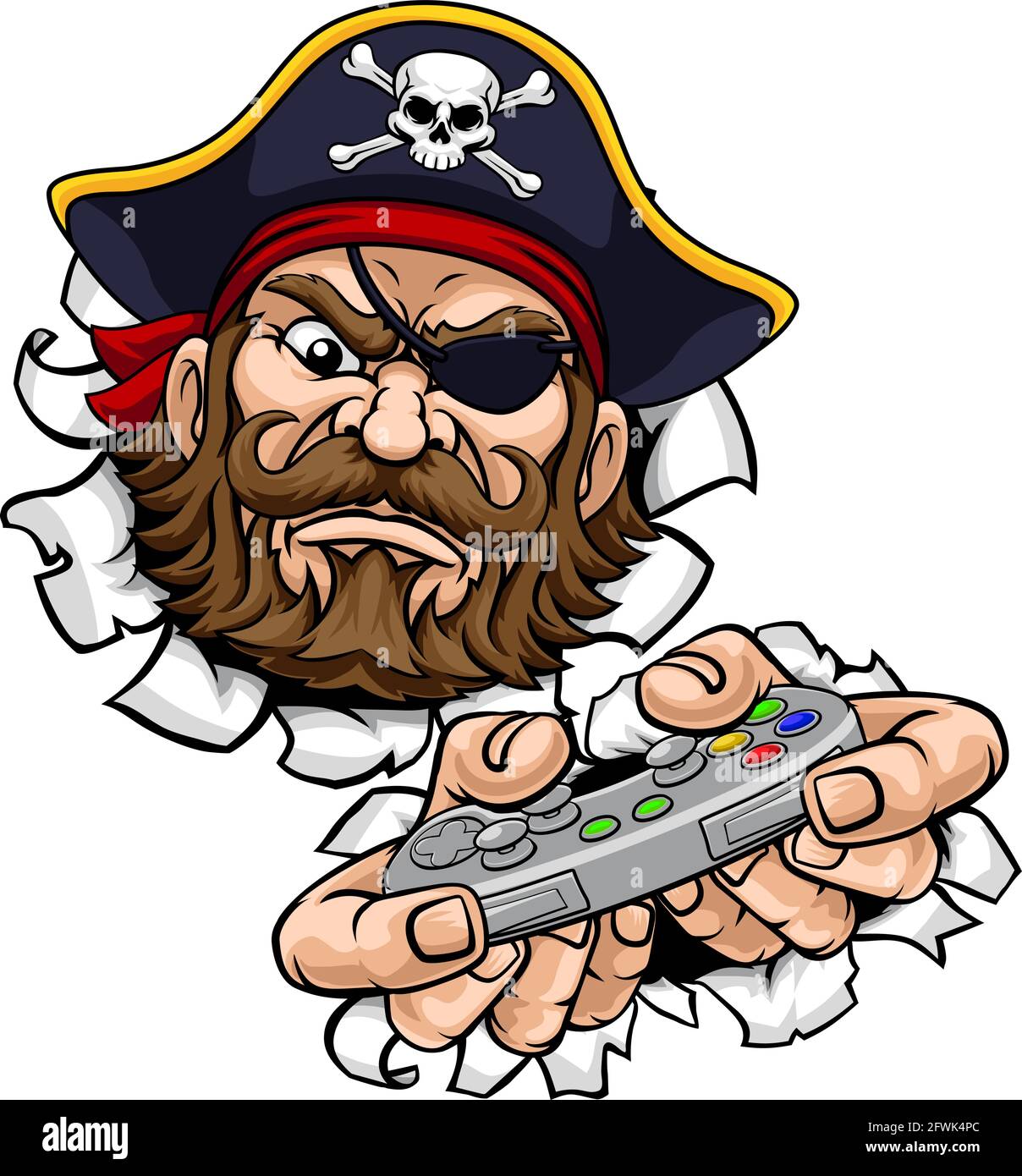 Controller di gioco di video pirata del giocatore Mascot Cartoon Illustrazione Vettoriale