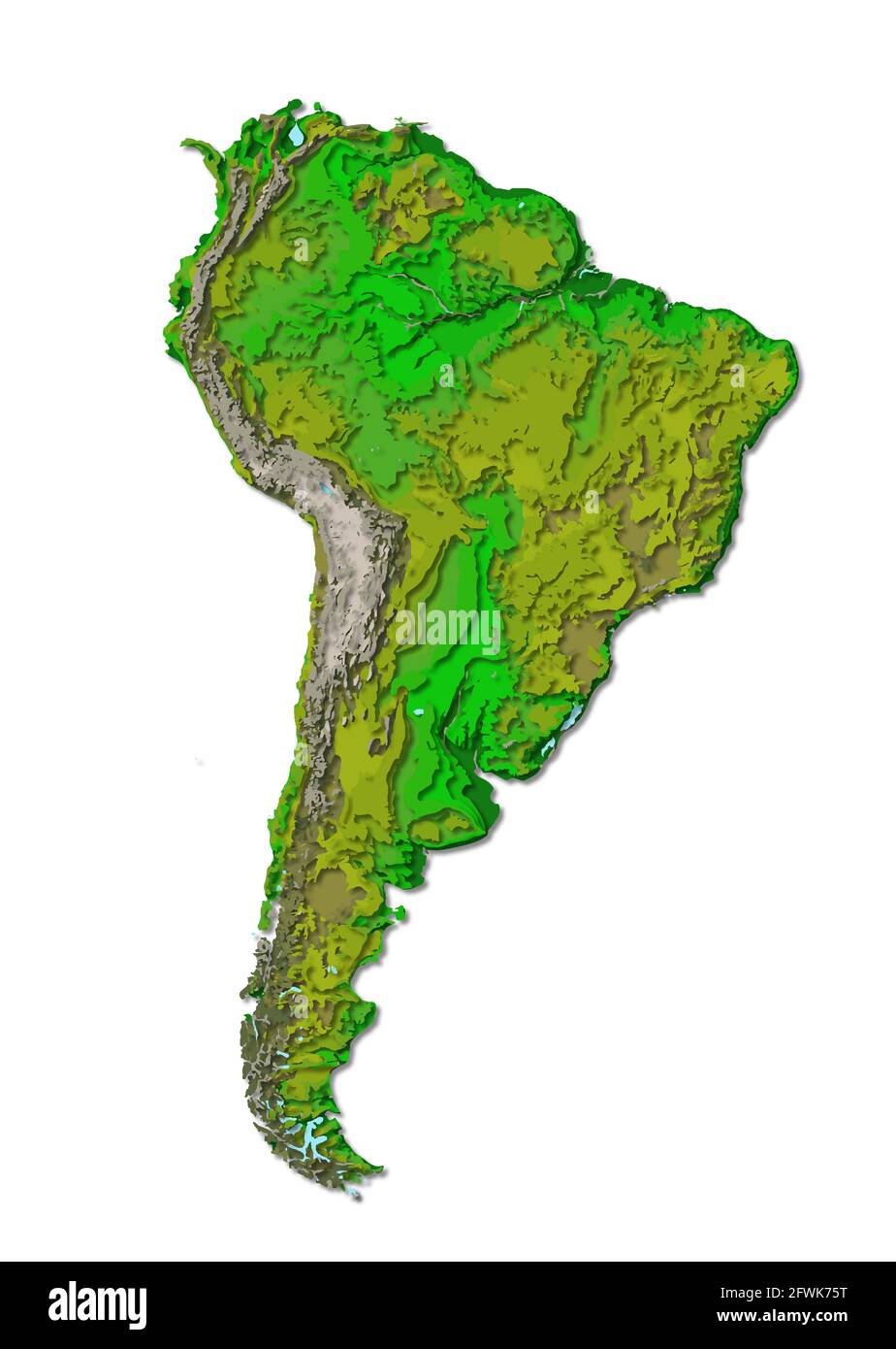 Continente sudamericano, mappa dettagliata a livelli papercut con ombre, isolata su sfondo bianco. Elementi di questa immagine forniti dalla NASA. Illustrazione Vettoriale