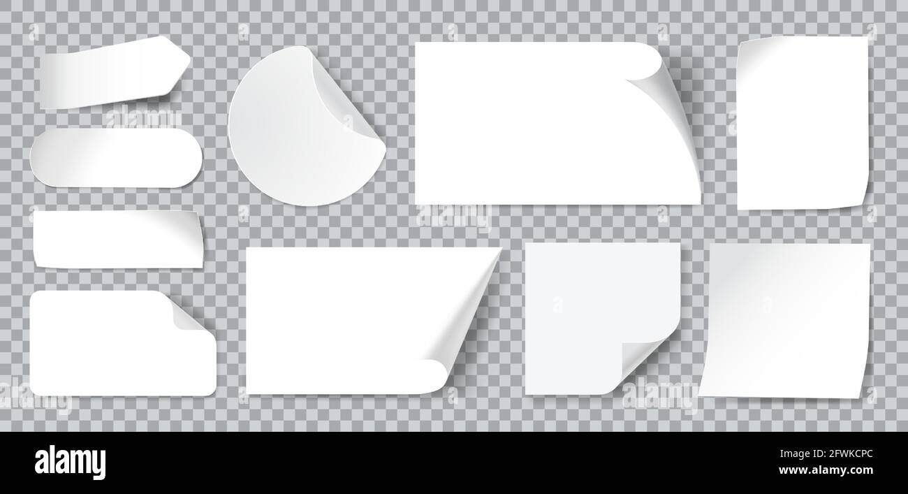 Adesivi bianchi. Adesivo vuoto con angoli piegati o arricciati. Note appiccicose su carta realistiche in varie forme vettoriali mockup come cerchi, rettangolari, quadrate, etichette pulite o badge Illustrazione Vettoriale