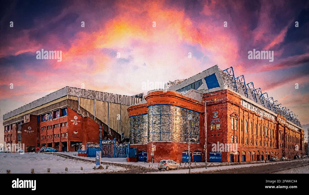 Un dipinto digitale del famoso stadio Ibrox, sede della squadra di calcio Rangers. Foto Stock