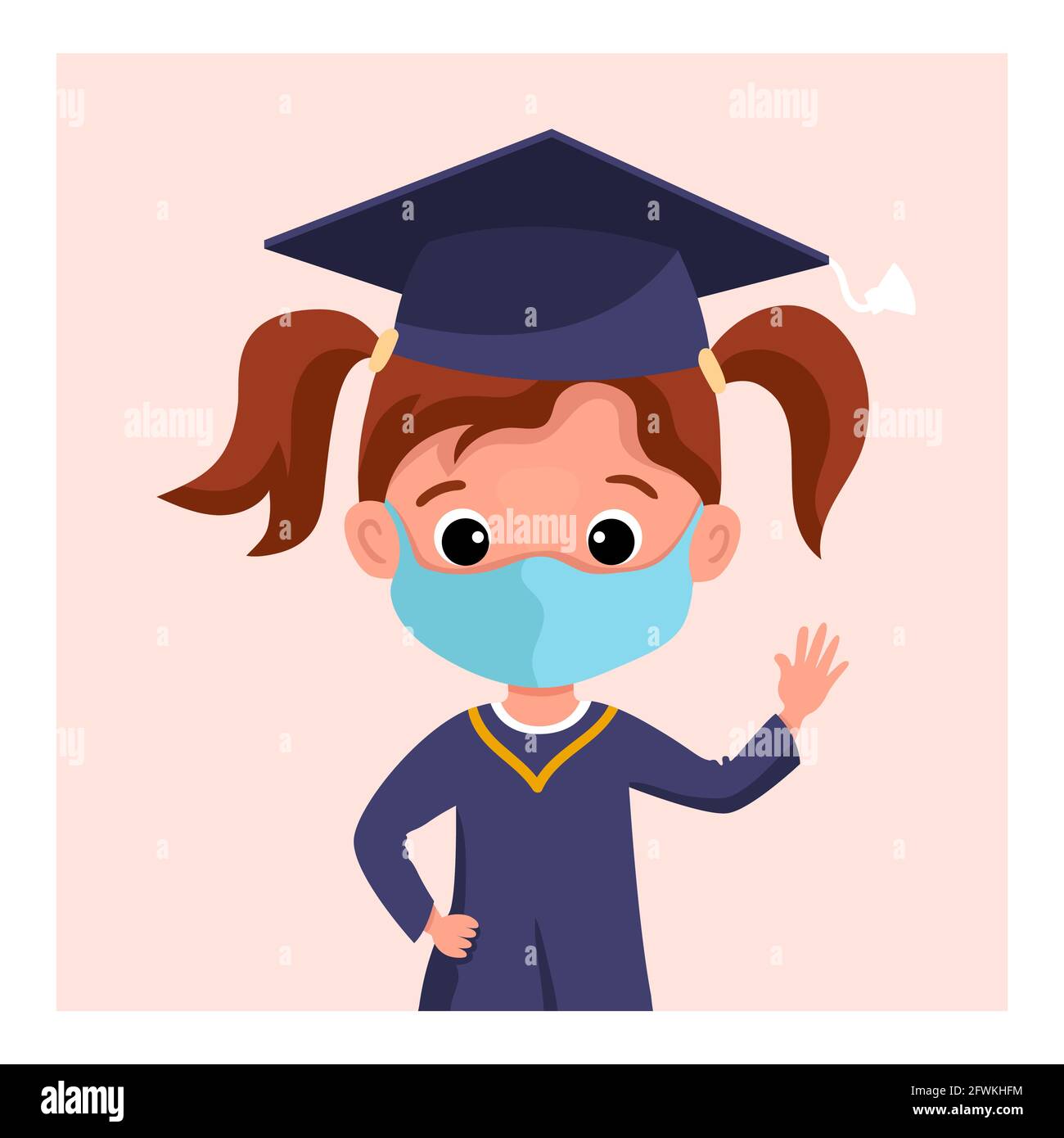 Carino ragazza laureata in maschera medica, cappellino accademico e  mantello che celebra asilo o laurea in linea Immagine e Vettoriale - Alamy