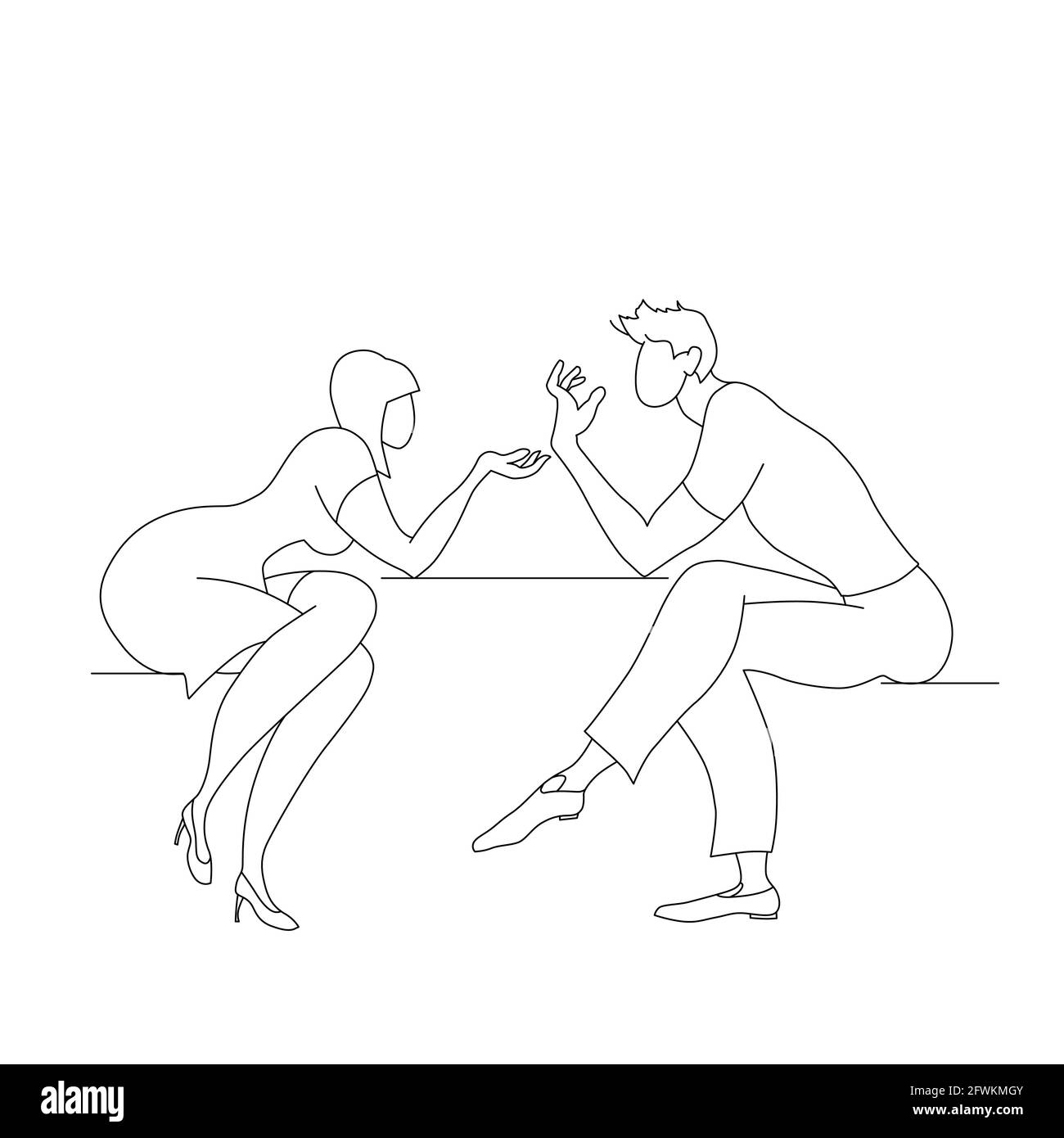 Disassemblaggio. Un uomo e una donna discutono violentemente dei loro problemi. Vettore linea di contorno. Caratteri isolati su sfondo bianco Illustrazione Vettoriale