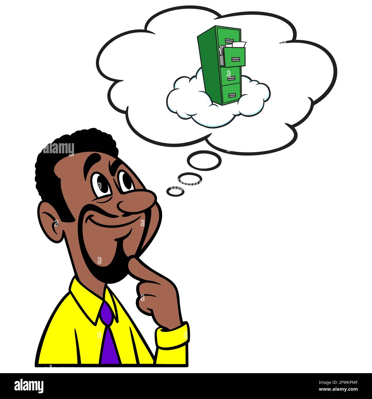 Man Thinking About Cloud Storage - un'illustrazione cartoon di un uomo che pensa allo storage cloud per i file. Illustrazione Vettoriale