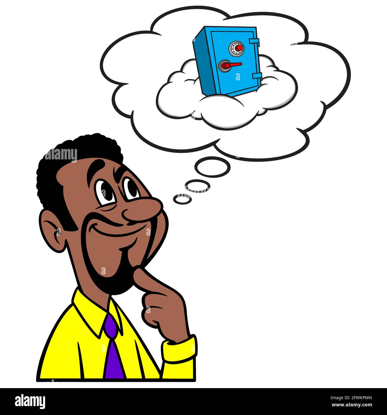 Man Thinking About Cloud Security - un'illustrazione cartoon di un uomo che pensa alla sicurezza del cloud. Illustrazione Vettoriale